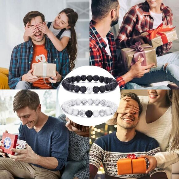 ⚡Rankeef Men 2 White Black Tiger Eye 8MM Natural Stone Crystal Beaded Bracelet - Picture 6 of 8